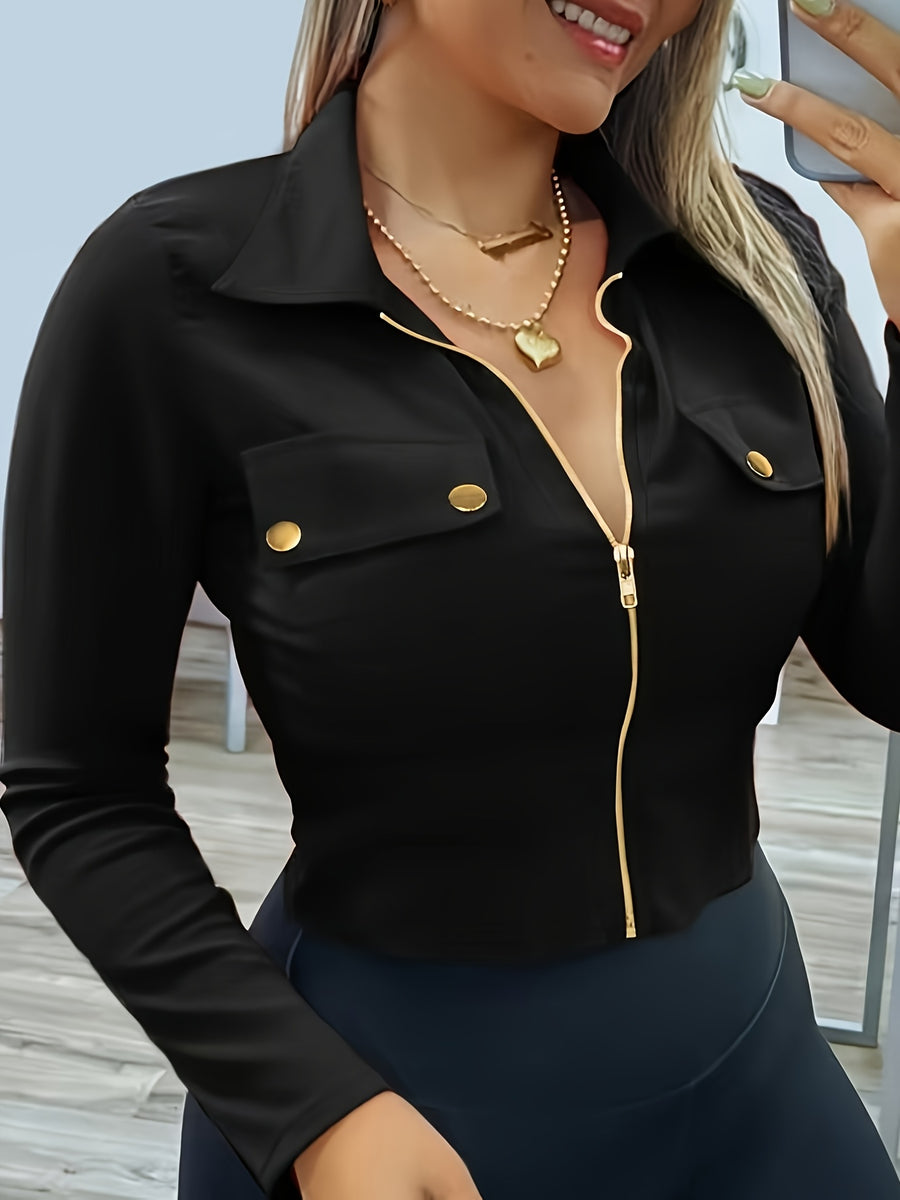 Women's Slim-Fit Lapel Zip Casual Solid Long Sleeve Shirt - Black