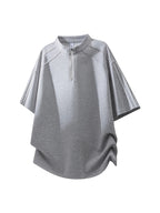 Men'S Summer Striped Half-Zipper Short Sleeve T-Shirt Trendy Brand Loose Casual Breathable Short Sleeve Top - Light Grey