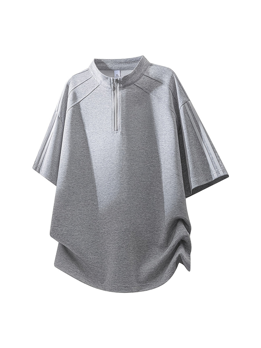Men'S Summer Striped Half-Zipper Short Sleeve T-Shirt Trendy Brand Loose Casual Breathable Short Sleeve Top - Light Grey