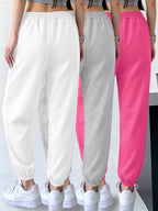 3pcs Set Halloween Casual Long Pants Elastic Waistband Pants, Warm Elastic Waistband Casual Trousers for Women's Outerwear in Fall/Winter - White+gray+pink