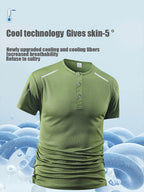 Men's Solid Color Henry Shirt, Breathable Basic T-shirt, Regular Button up Henry Collar Top, Retro Style Pullover, a Great Gift for Daily Commuting Wear. - Green