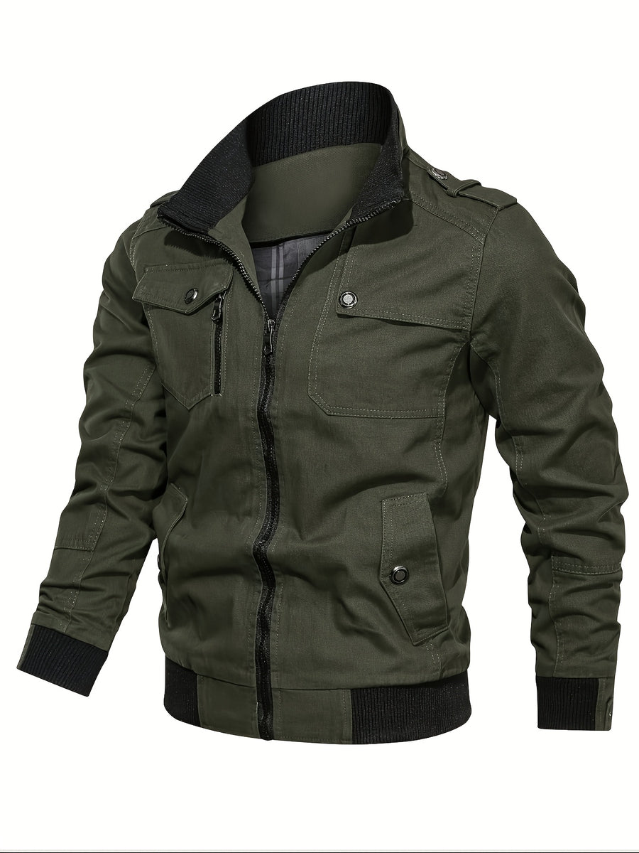 Outdoor Classic Casual Jacket, 1pc Men'S Jacket, Comfortable Utility Jacket, Pocket Zipper Design Utility Style, Fall Winter Slim Commute Daily Jacket Fit, Compliant with US Size - Green