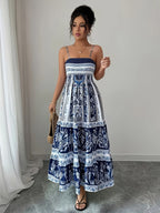 Sleeveless Waist-Cinching Loose Hem Long Dress, Women's Camisole Dress, Waist-Defining Vacation Beach Style Dress - Blue