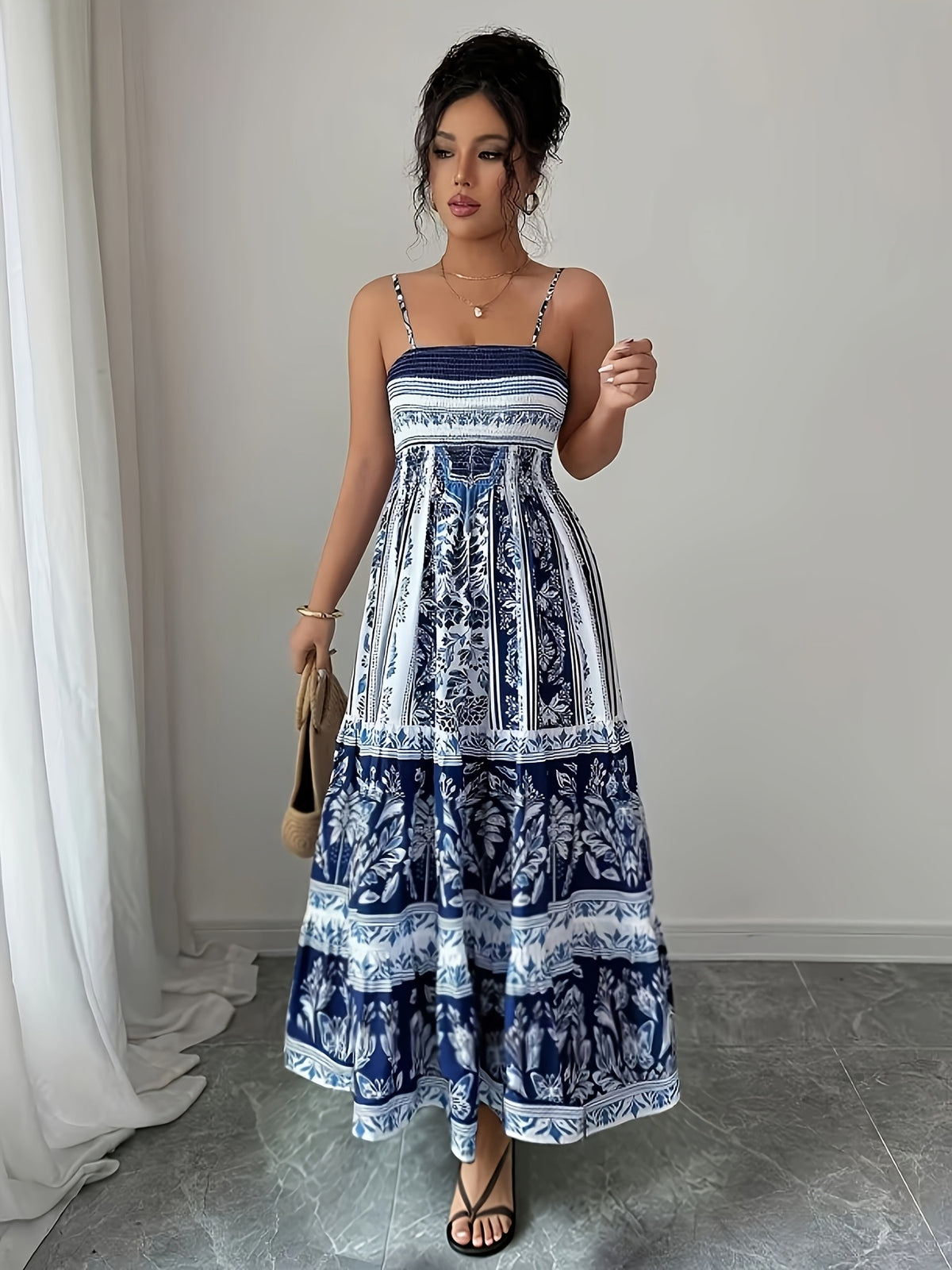 Sleeveless Waist-Cinching Loose Hem Long Dress, Women's Camisole Dress, Waist-Defining Vacation Beach Style Dress - Blue