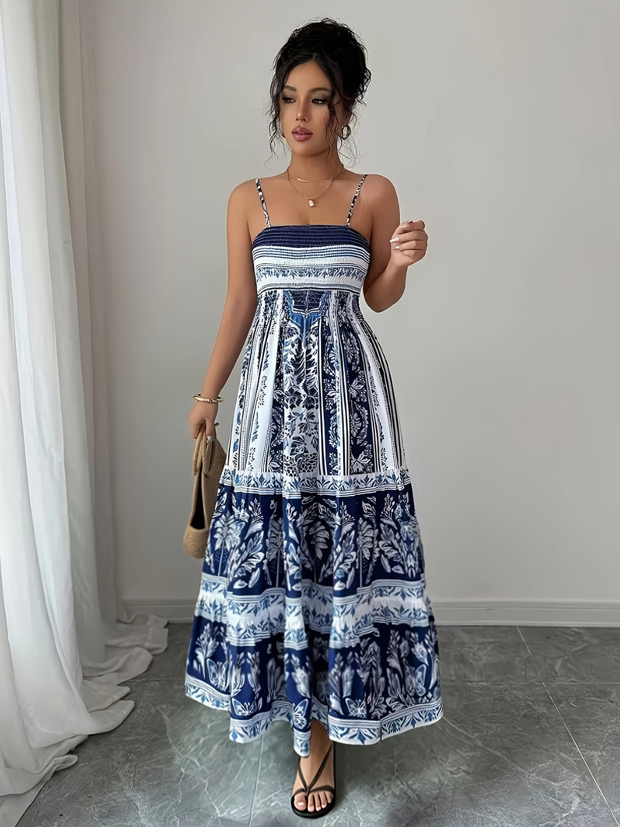 Sleeveless Waist-Cinching Loose Hem Long Dress, Women's Camisole Dress, Waist-Defining Vacation Beach Style Dress - Blue