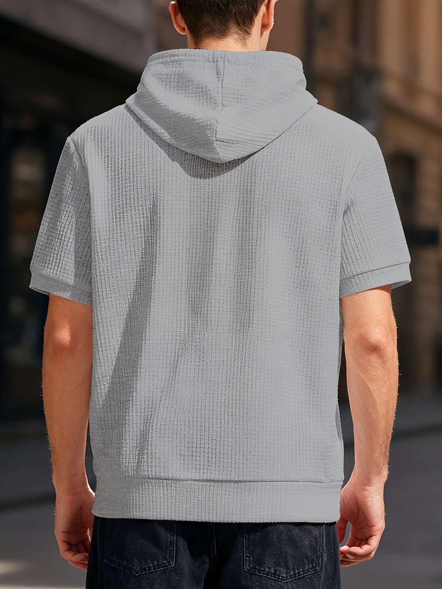 Spring/Summer Outdoor White Short-Sleeve Hooded Sweatshirt, Waffle Knit Breathable Fabric, Non-Stuffy, Versatile Half-Sleeve Top for Commuting and Shopping - Grey