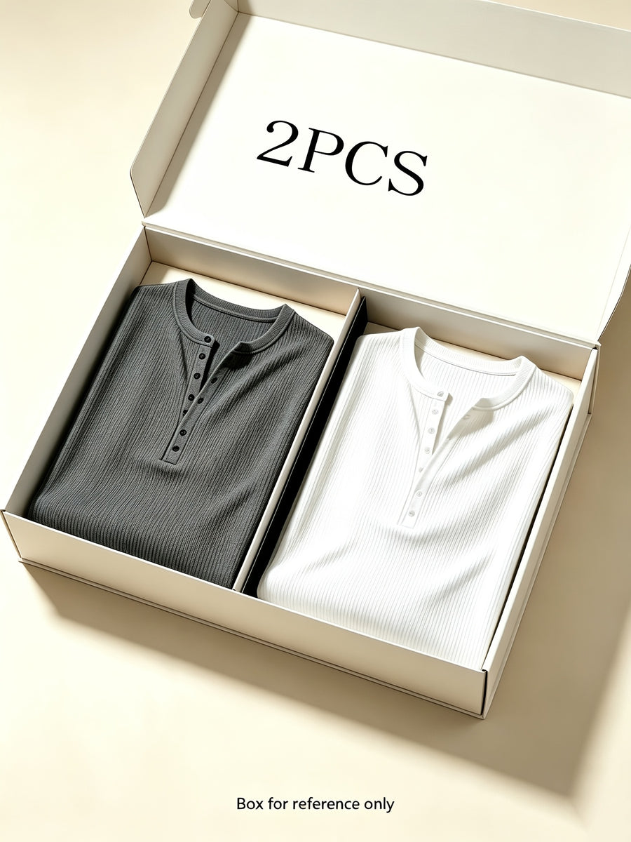 2pcs Men's Long Sleeve Vertical Rib Knit Henley Shirt, Slim Fit with Waist Taper to Highlight a Masculine Silhouette, Breathable and Skin-Friendly, Not Stuffy, High-Stretch Vertical Ribbed 7-Button Placket Versatile Top, Suitable for Daily Casual - Dark Grey+White