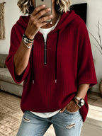 Fashionable Hooded Sweatshirt Autumn New Women'S Short Sleeve Hoodie, Elegant Ribbed Material, Hooded Sweatshirt Suitable for Daily Commute Office Wear, Party Outing Outdoor Wear - Red