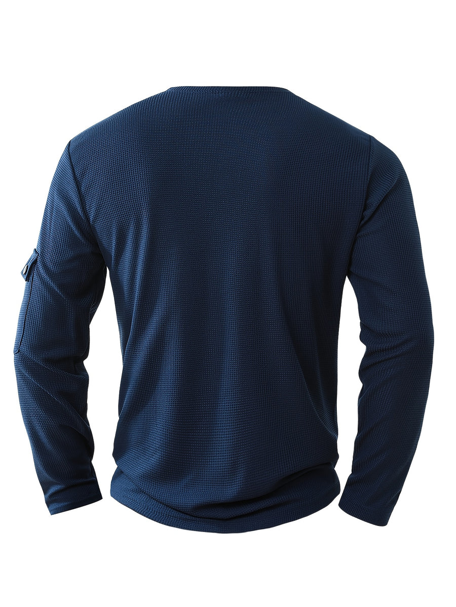 3pcs Men'S Spring Autumn New Waffle Check Fake Two-Piece Round Neck Long Sleeve Shirt Easy Armbag Design Fashion Trendy Convenient Daily Commuting Sports Fitness Wear - Black+Navy Blue+Green