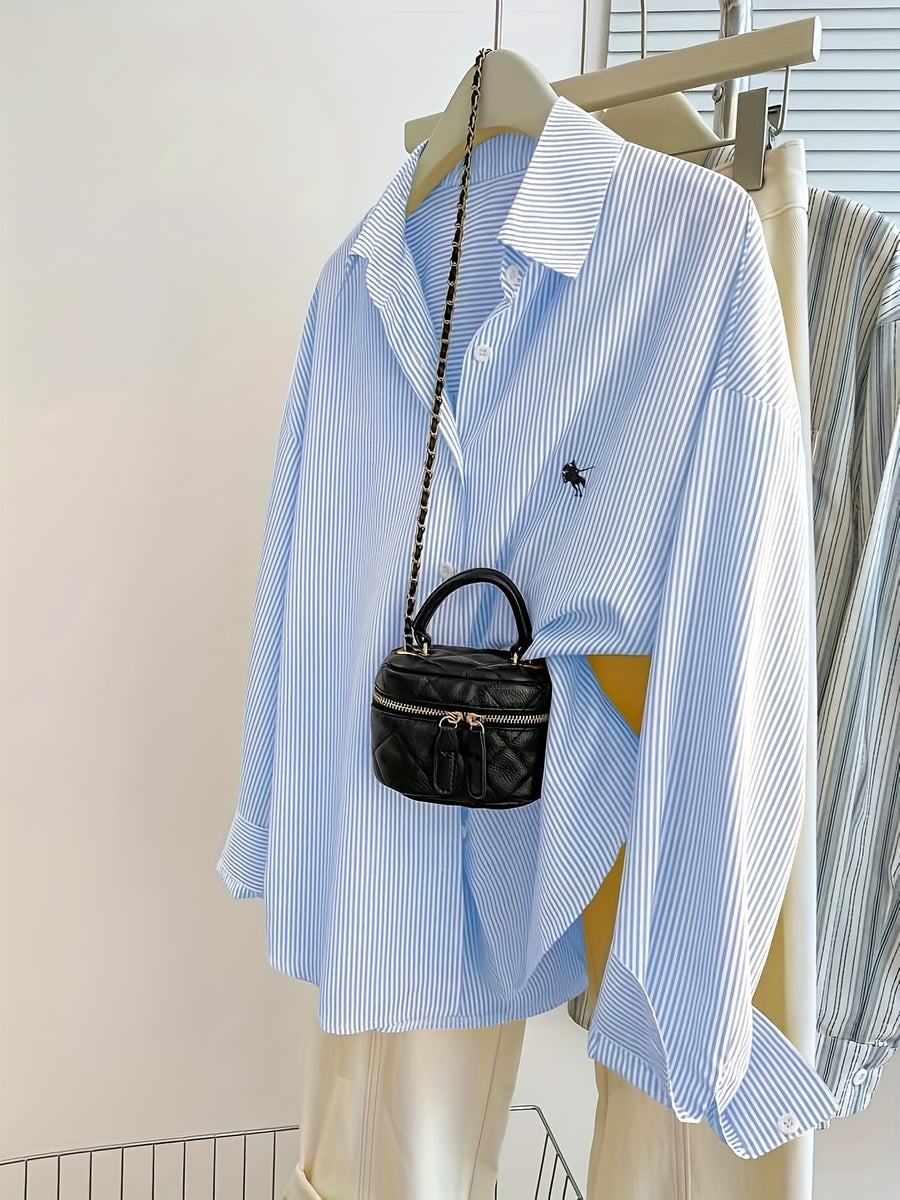 Women's Autumn-winter New Long Sleeve Striped Print Elegant Shirt - Sky Blue