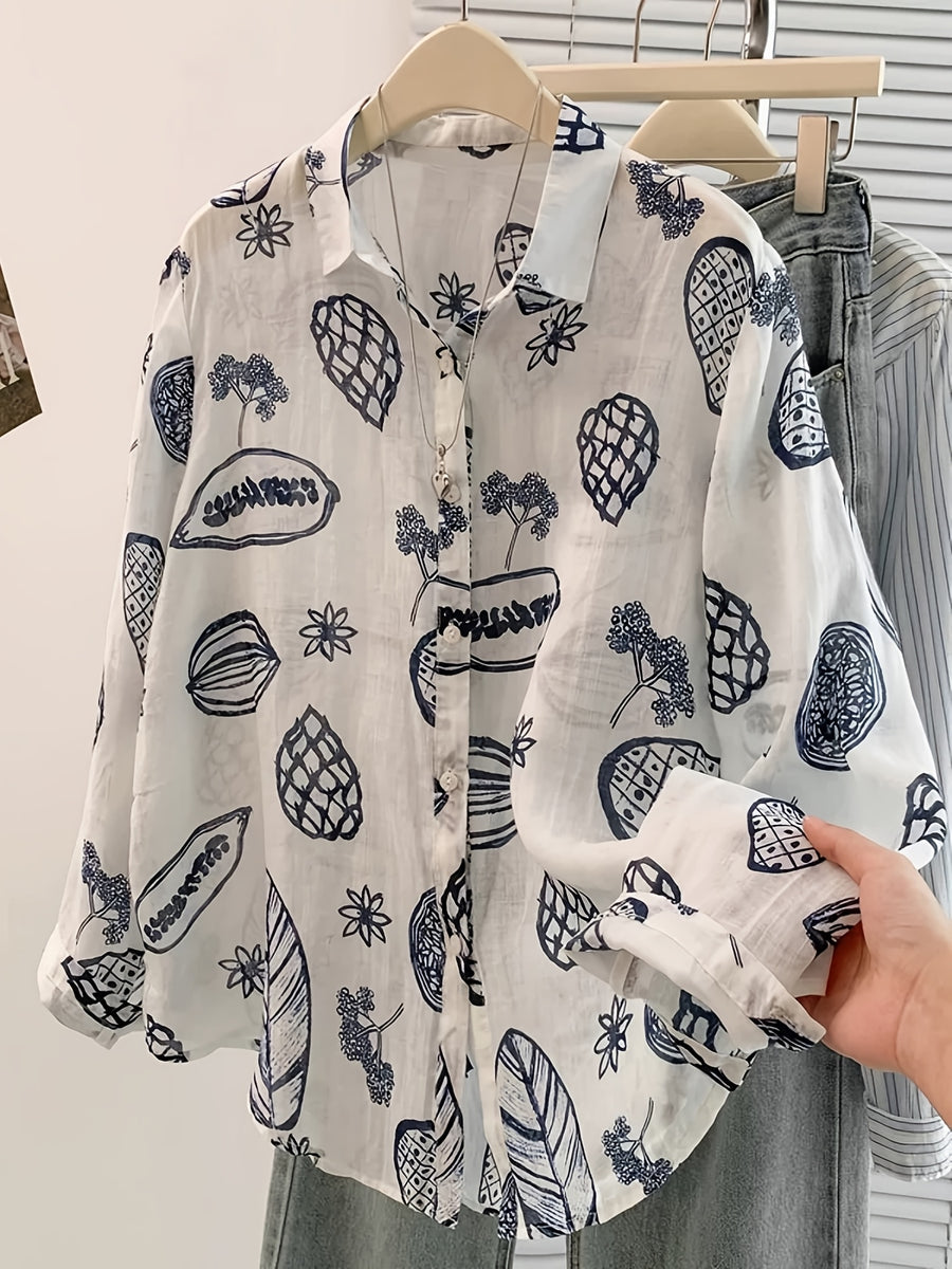 Vintage-Style Printed Long-Sleeve Shirt for Women, New Spring/Summer Loose-Fit Versatile Casual Lapel Outerwear Top - Light Grey