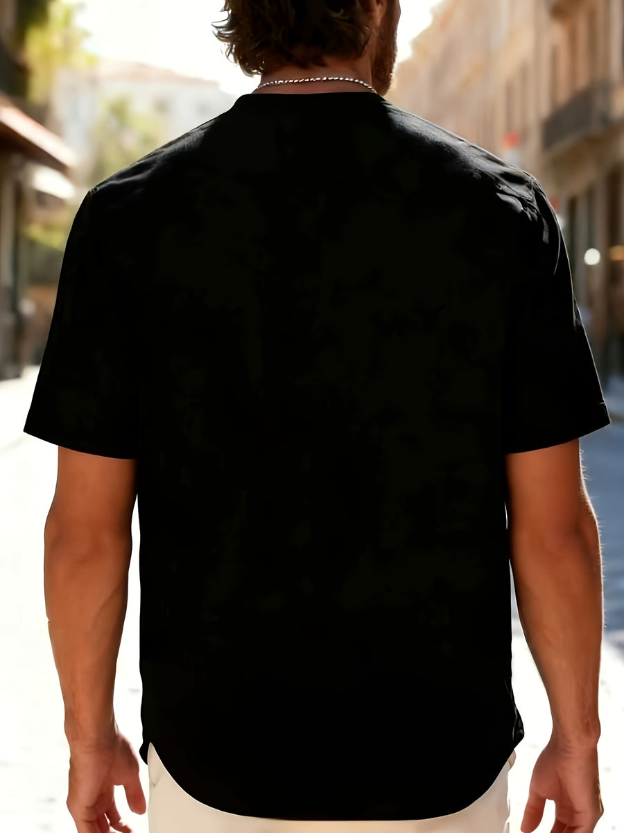 Men'S Stylish Polo Collar Linen Breathable Comfortable Casual Short-Sleeve Shirt - Black