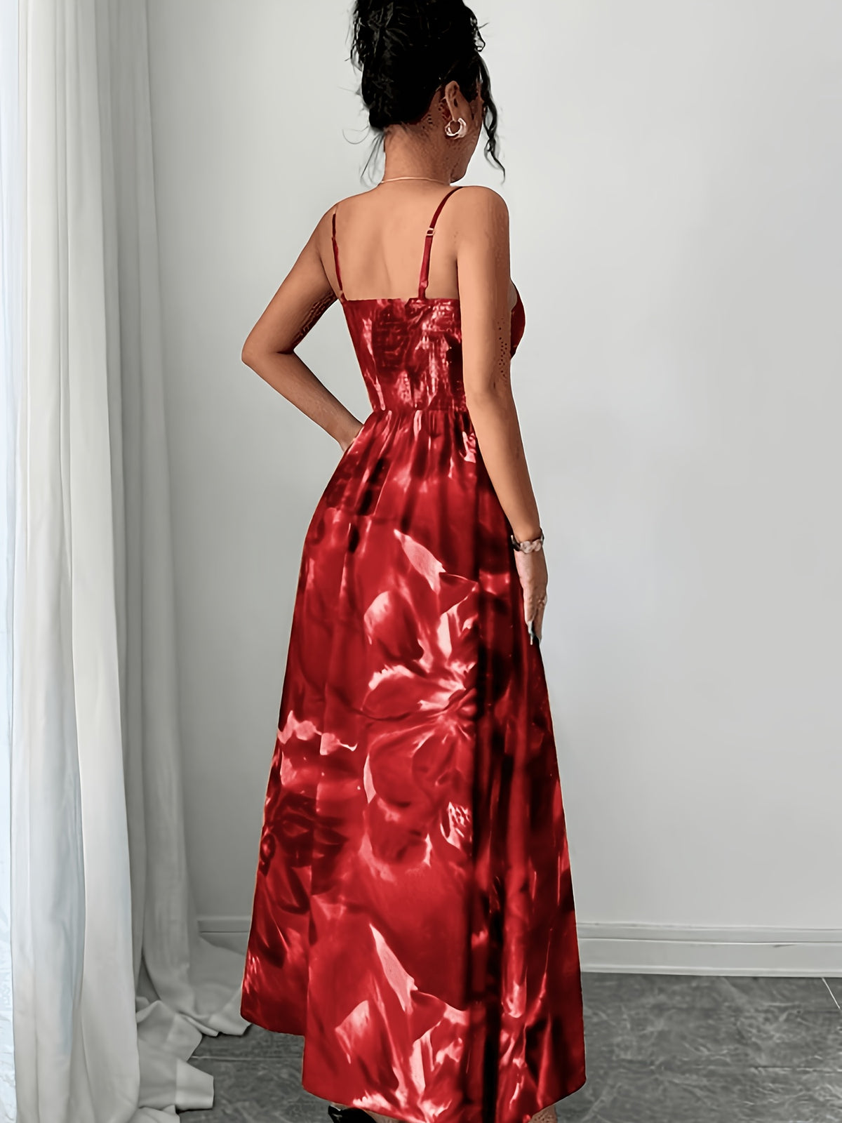 Women's Twisted Twill Front Panel, Waist-Cinching Slit Camisole Dress - Red