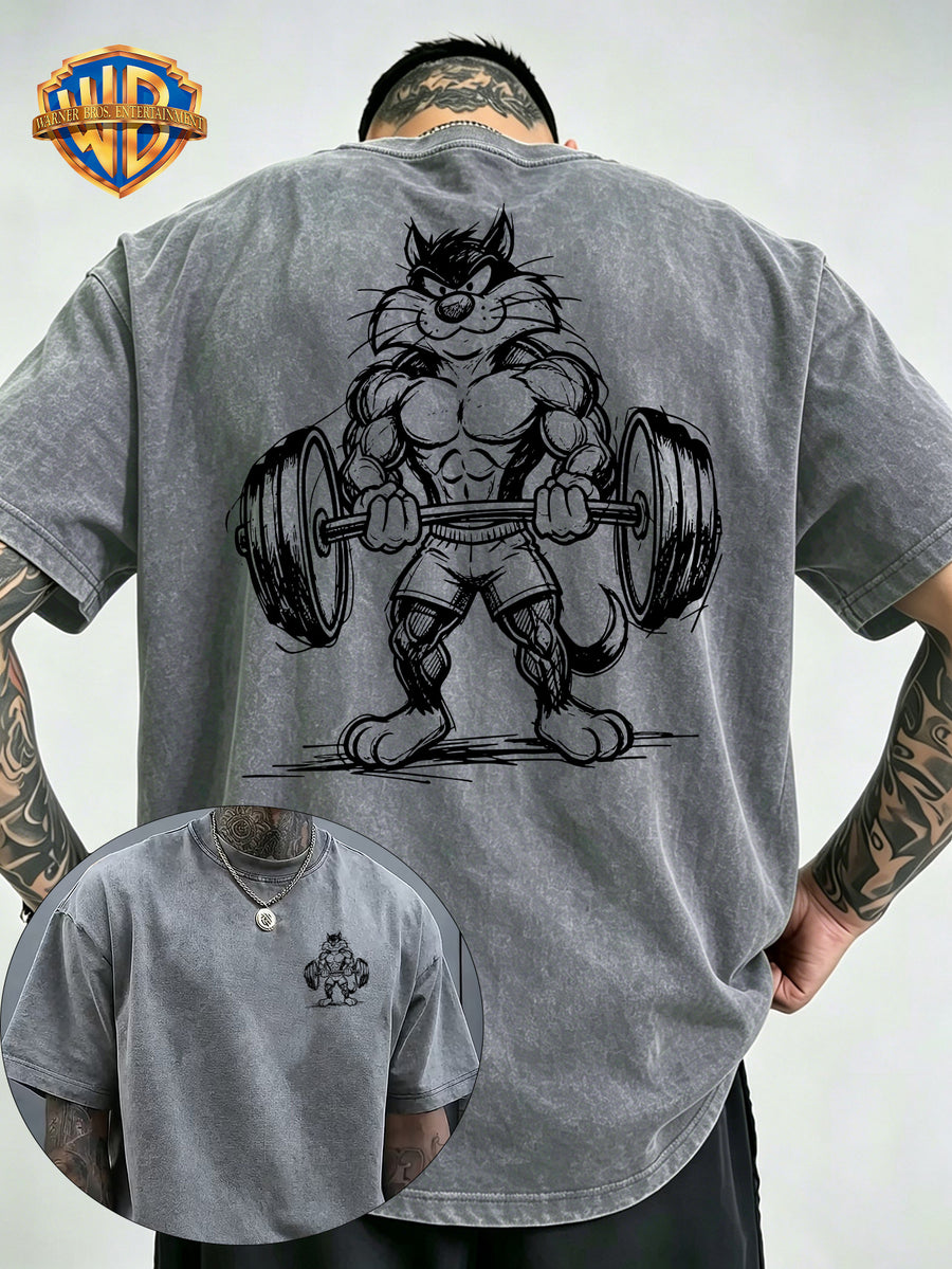 Warner Bros Official Hand-Drawn Line Art Big Silly Cat Print Washed Distressed T-Shirt, Men's 100% Pure Cotton Fabric, Casual and Comfortable Style, Loose Fit Breathable Short Sleeve Men's Casual Top, Distressed Washed Loose Fit - Grey