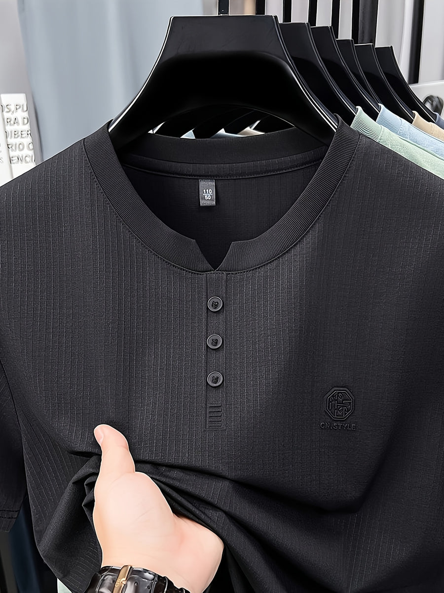 Men's Summer Short-Sleeve Crewneck T-Shirt - Breathable Business Casual Round Neck Base Layer Top, Solid Color Asymmetrical Hem Suitable for Daily Work Wear, Office & Casual Outfits, Machine Washable Light Luxury Style - Moyu Black
