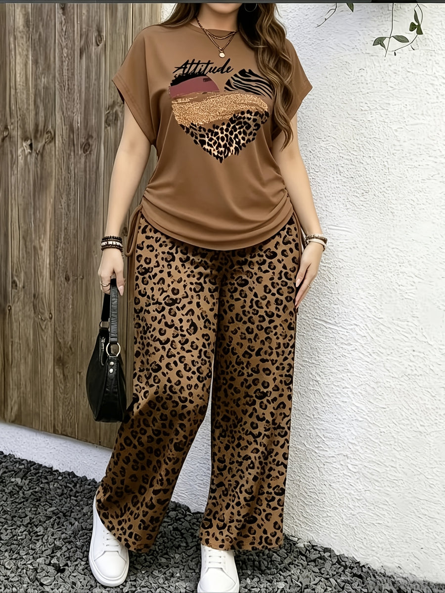 Leopard Print Casual Long Pants Set with Side Drawstring Pleated Home Wear, Can Be Worn Alone - leopard print D