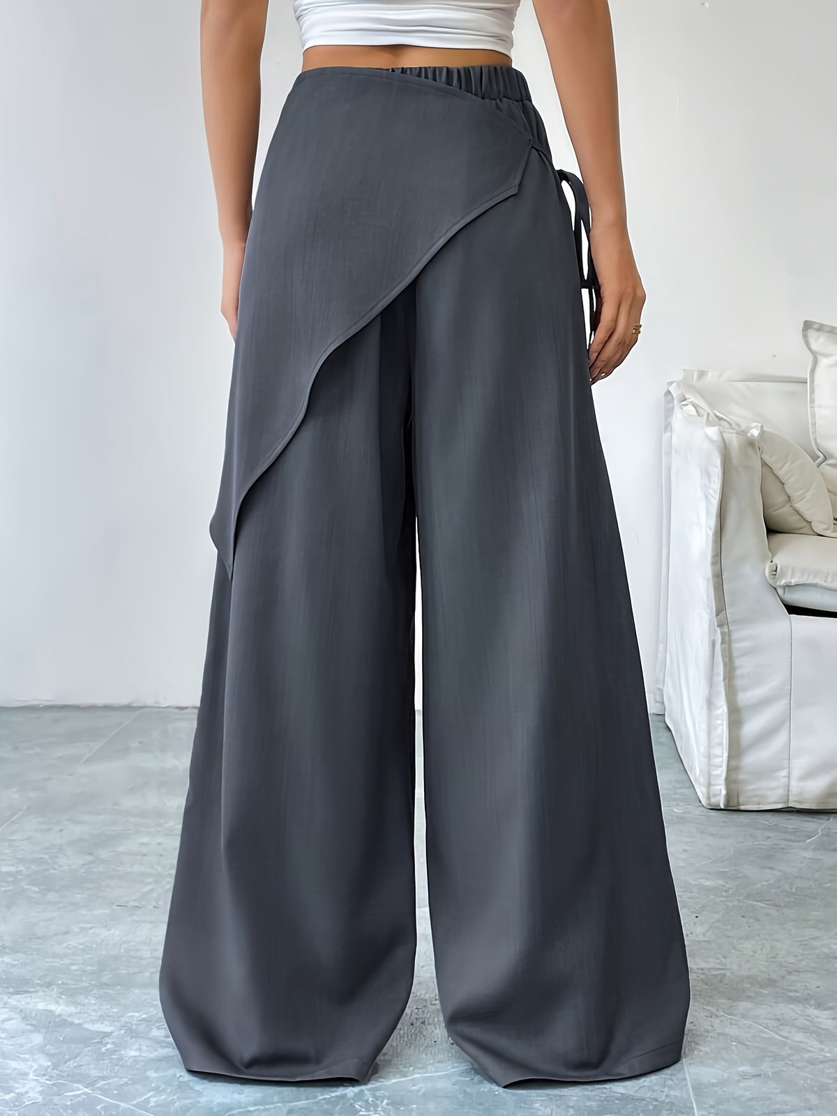 Women's Solid Color Cross-Tie Loose-Fit Leg-Length Casual Pants - Grey