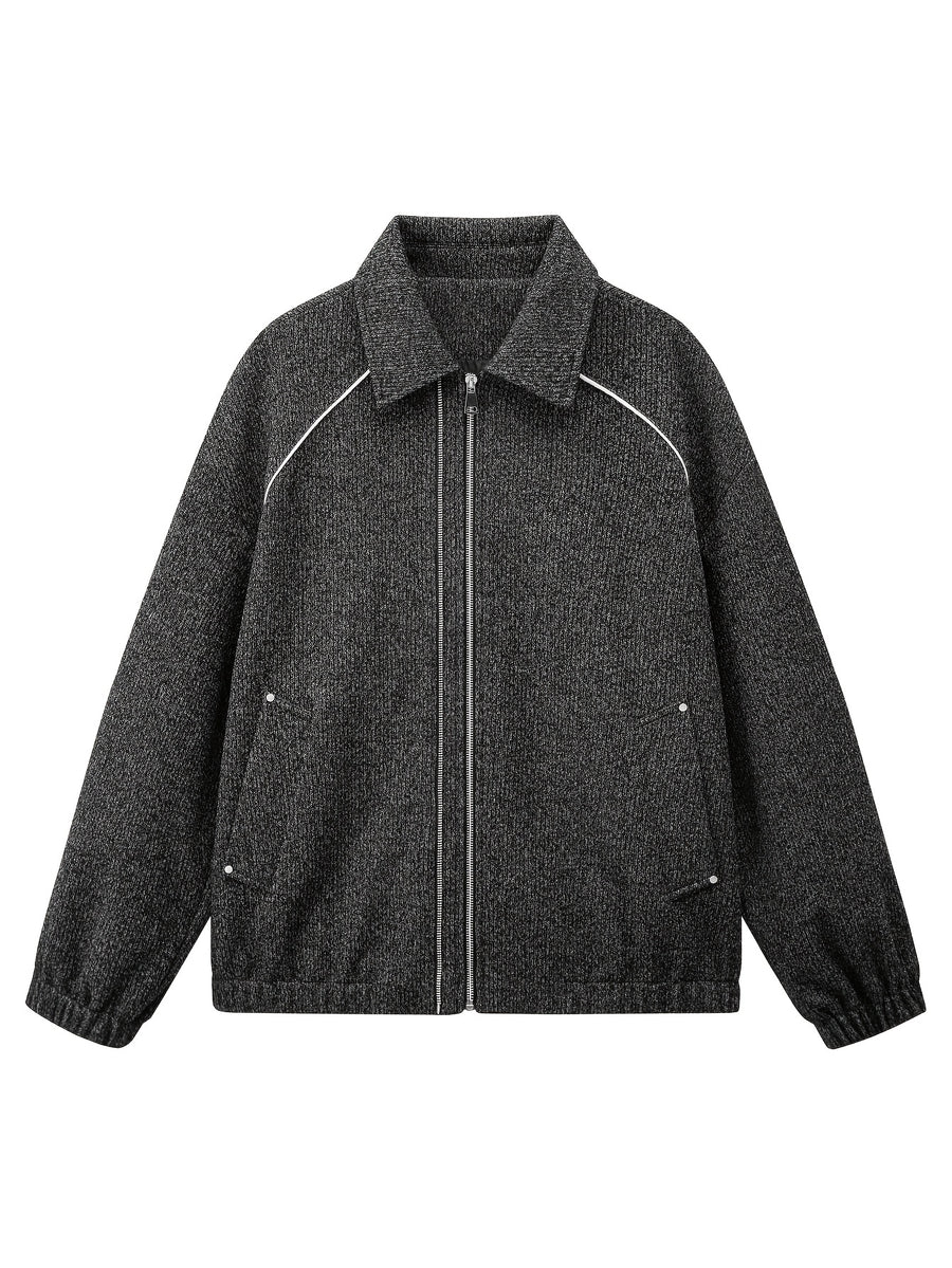 New Minimalist Style Heavyweight Tweed Lapel Men's Jacket, Korean Old Money Style Vertical Zipper with Topstitching, Versatile Short Jacket - Black