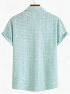 New Men's Solid Color Stretch Knit Openwork Plaid Jacquard Lapel Button- Casual Lightweight Shirt, Suitable for Daily Wear, Street Fashion, Summer, Autumn Menswear - Light Blue