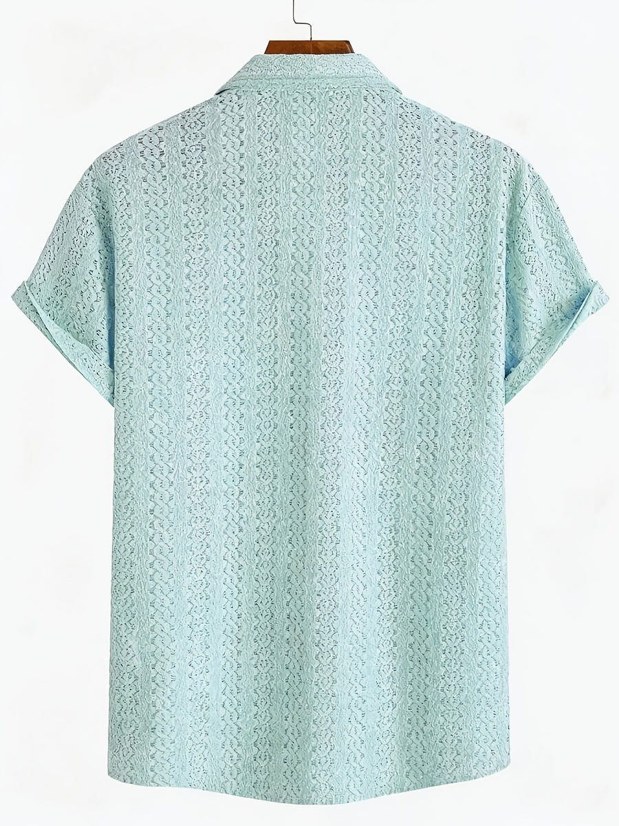 New Men's Solid Color Stretch Knit Openwork Plaid Jacquard Lapel Button- Casual Lightweight Shirt, Suitable for Daily Wear, Street Fashion, Summer, Autumn Menswear - Light Blue