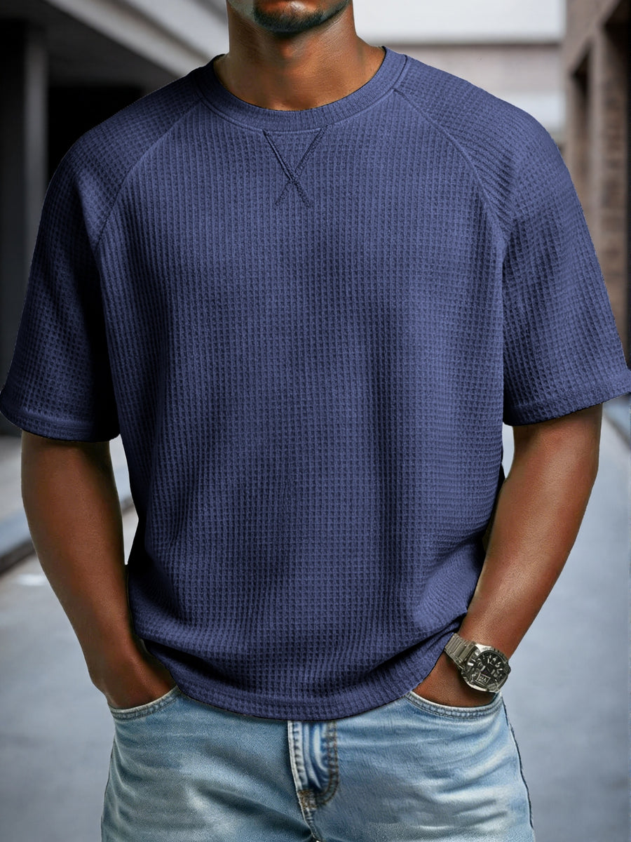 Men'S Waffle Knit T-Shirt Short Sleeve Crew Neck Casual Top, Breathable Textured Fabric Soft Lightweight Comfort Tee, Loose Fit Everyday Wear Perfect for Summer Street Style, Travel, Outdoor Activities And Daily Casual Outfit - Navy Color