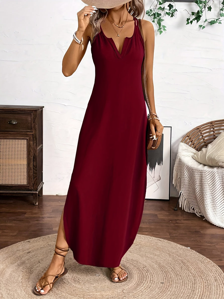Spring/Summer New Arrival: European and American Fashion Trend Women's Solid Color Notched V-Neck Camisole Dress for Vacation and Leisure - Burgundy