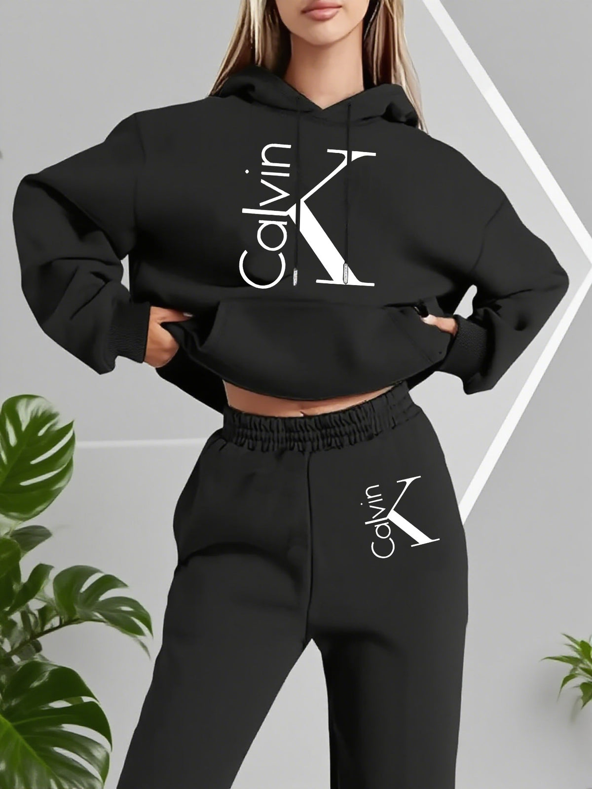 Graphic Print Two-Piece Set, Hoodie And Pants, Women'S Clothing - Black