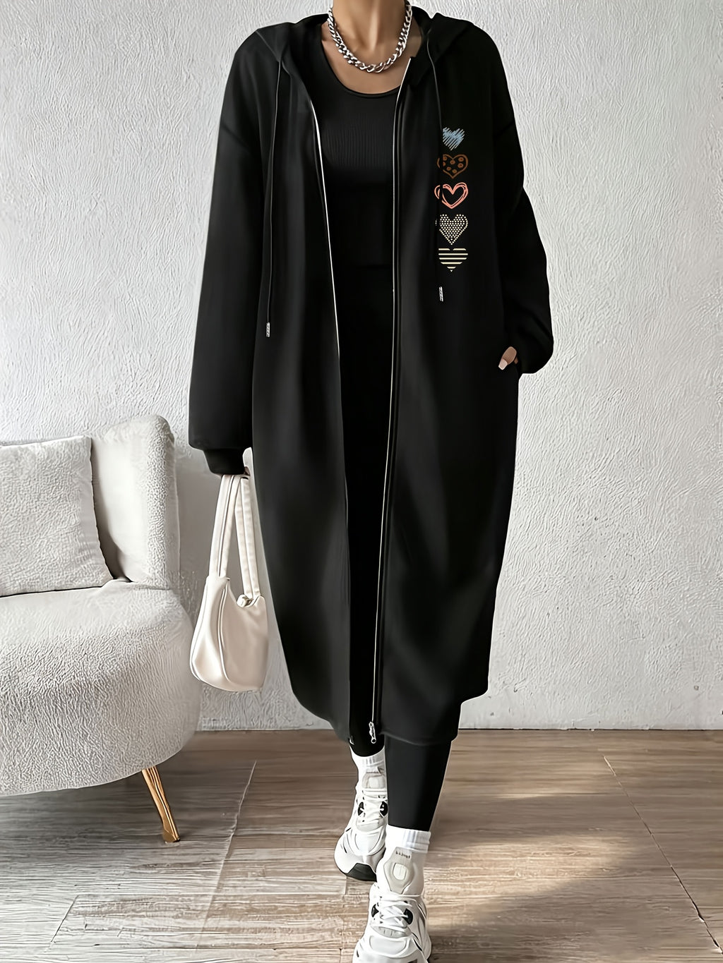 Women's Fashion Color-Block Zip-Up Jacket with Valentine's Day 5-Heart Pattern Print - Black
