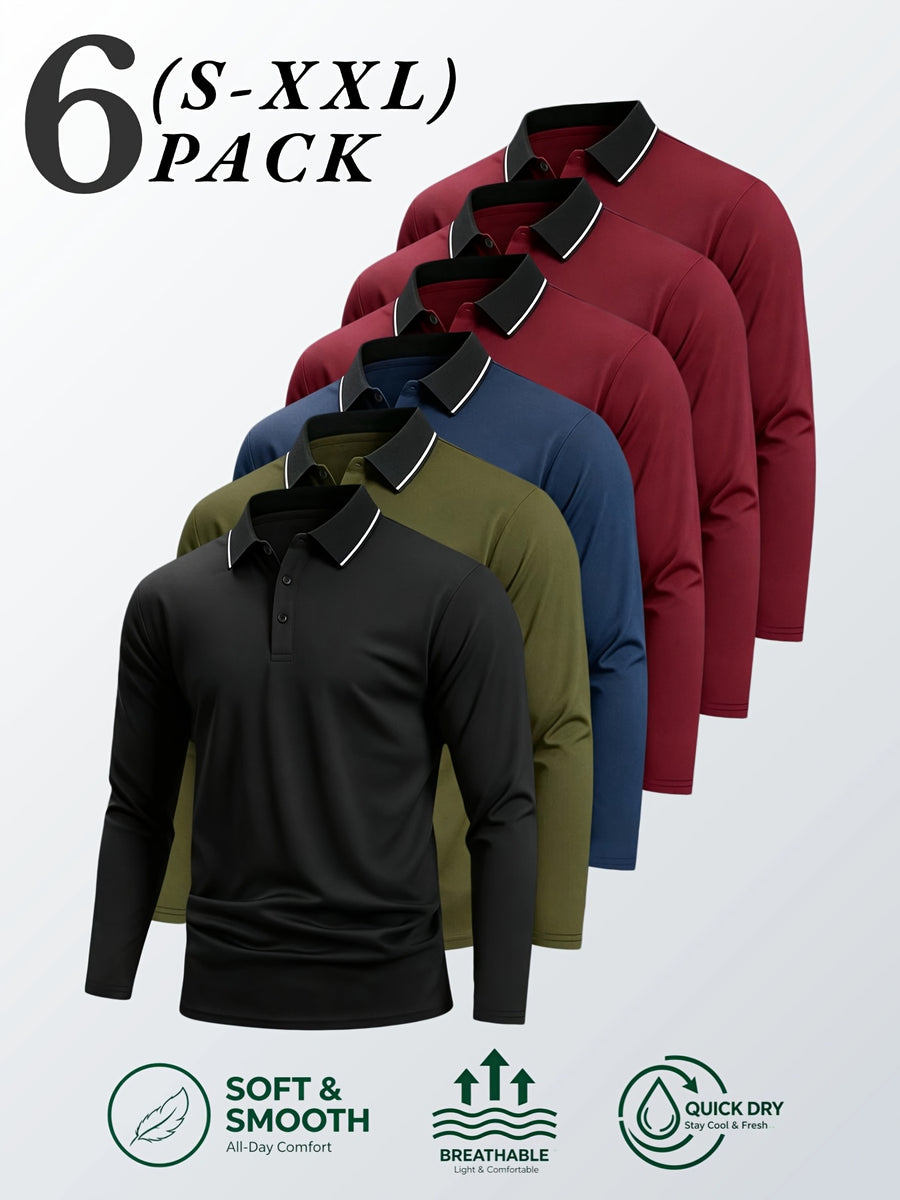 6pcs/Set Striped Lapel Long Sleeve Casual Sports Mesh Quick-Dry Breathable Comfortable POLO Shirt Basic Solid Color - Red 3+Black+Navy Blue+Green