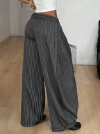 Women'S Retro Striped Wide-Leg Trousers with Cross-Waist Head Loose Drapey Floor-Length Pants Casual Suit Trousers - Gray Stripes