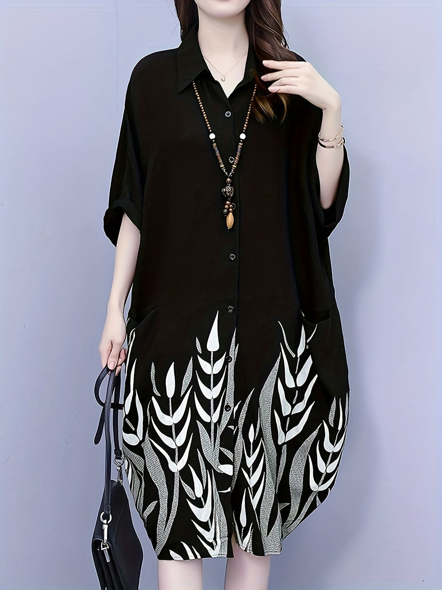 POLO Collar Lantern Sleeve Printed Short-Sleeved Shirt Casual Loose Mid-Length Dress - Black