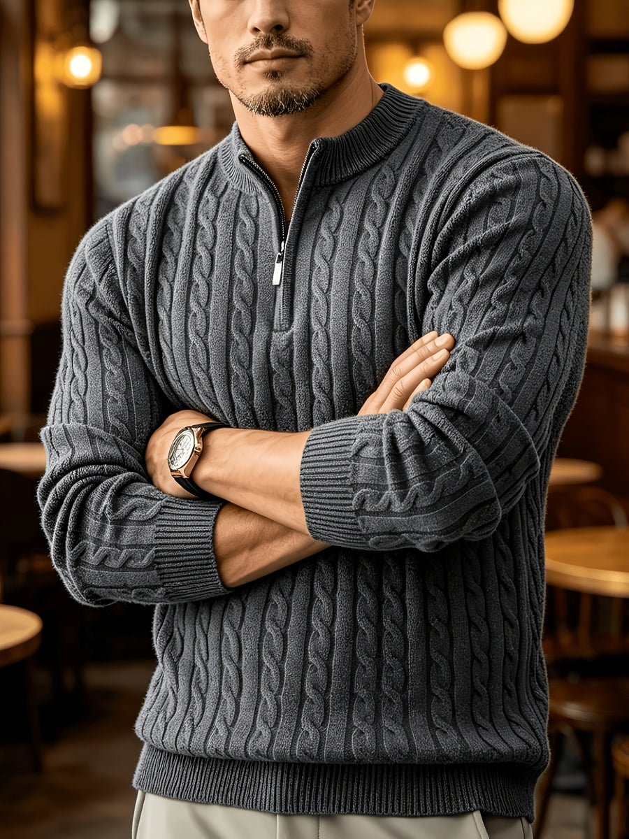 New Spring/Autumn Men's Half-Zip Stand Collar Cable Knit Long-Sleeve Sweater. The Stand Collar and Half-zip Design with Three-dimensional Cable Knitting Make It Suitable for Daily Commutes, Light Business Meetings, and Casual Gatherings - Light Grey
