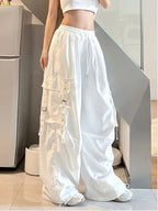 Men' & Women' Oversized Wide-Leg Workwear Pants - Loose Fit Floor-Length Hip-Hop Streetwear with Multi-Pocket Design, Drawstring Waist - Casual Outdoor, for - Wear - White
