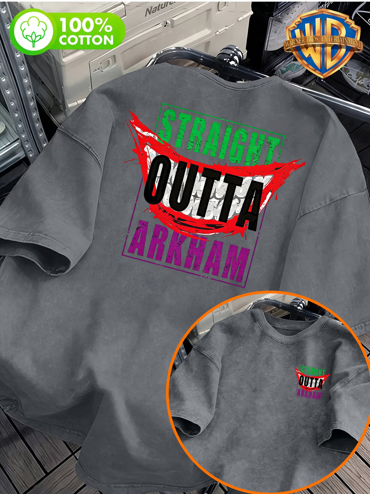 STRAIGHT OUTTA ARKHAM Text Pattern Front And Back Print, Men'S Casual T-Shirt Pure, Men'S Fashion Short Sleeve, Men'S Trendy Top, Washed Distressed Short Sleeve, Loose Fit, 1pc, Casual, Commute, Vacation, Premium, Couple Style, Student, Holiday - Iron Gray