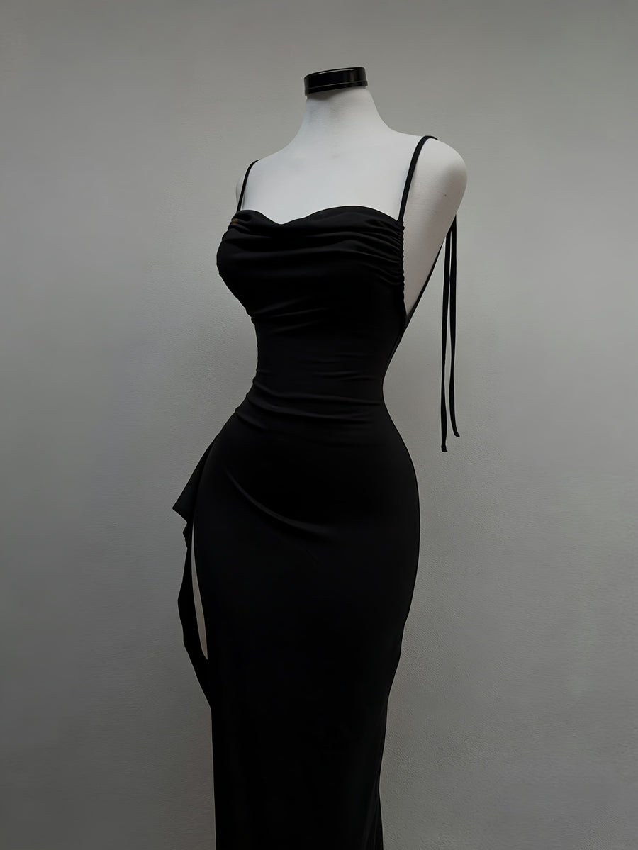 Women's Sexy Solid Color Side Slit Ruffle Hem Backless Camisole Maxi Dress - Black