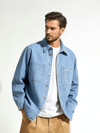 Japanese-style Workwear Non-Stretch Denim Shirt Jacket, Vintage Distressed Loose Fit Versatile Lapel Long Sleeve Top - Sky Blue