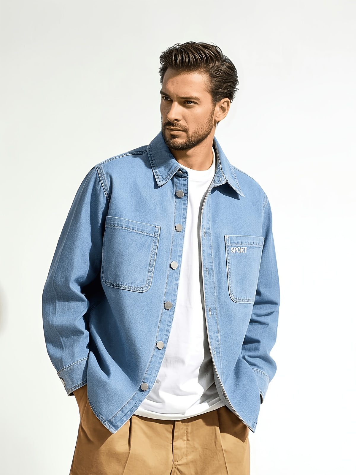 Japanese-style Workwear Non-Stretch Denim Shirt Jacket, Vintage Distressed Loose Fit Versatile Lapel Long Sleeve Top - Sky Blue