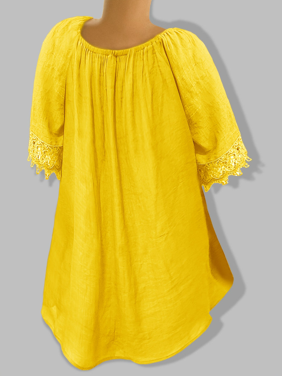 Bohemian Style V-Neck Lace Blouse with Drawstring, Loose Flared Sleeve Breathable Top - Bright Yellow