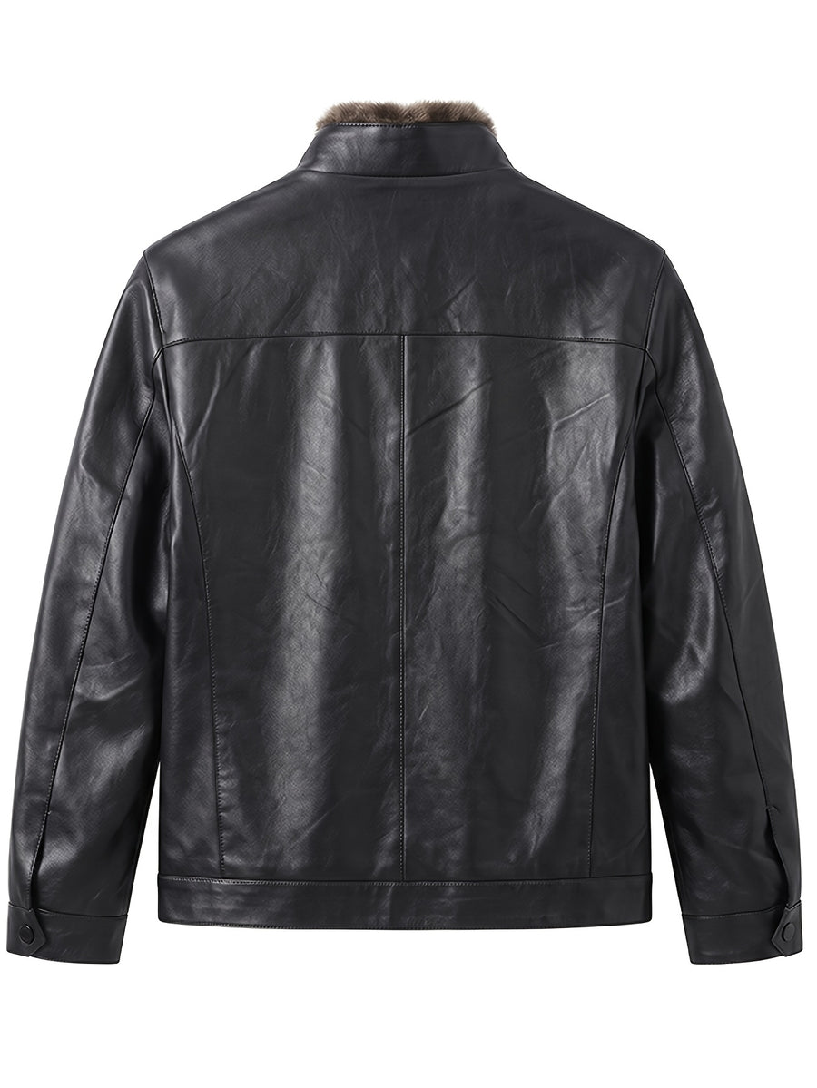 [Pearson OBM] Autumn Winter Men'S Faux Leather Jacket Casual All-Match Warm Zippered Faux Leather Jacket Outdoor Casual Top - Black