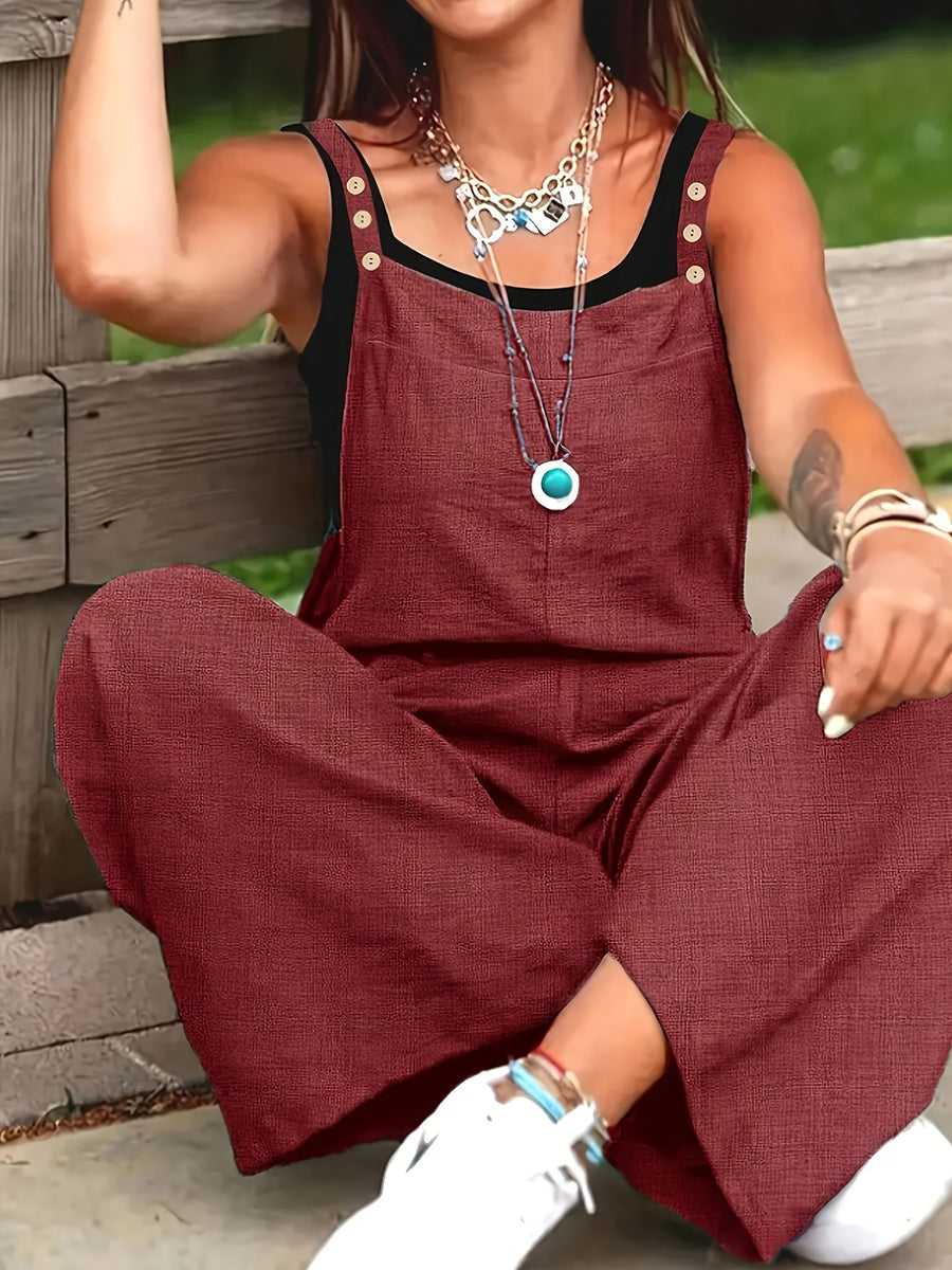 Women's Vacation Wide-Leg Jumpsuit - Sleeveless with Adjustable Buckle Straps, Pockets Included, Machine Washable, Solid Color - Burgundy