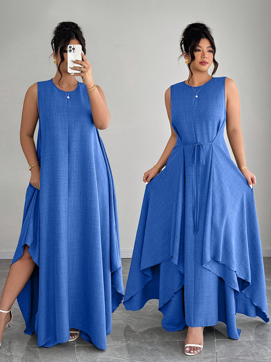 Women'S Elegant Vacation Casual Daily Outerwear Tie-Belt A-Line Asymmetrical Hem Dress - Blue