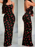 Women's Cherry Print Bodycon Long Camisole Dress, Backless Cross-Strap Long Dress, Summer Slim Fit Dress Suitable for Vacation, Beach, and Parties - Mixed colors