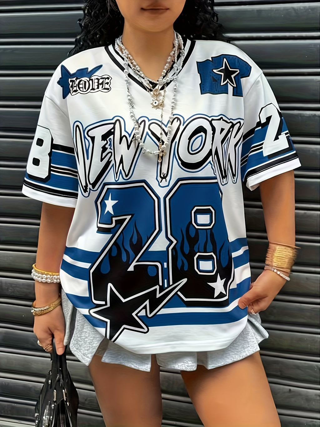Women'S Top Casual Color-Block Striped Letter And Number Print Short Sleeve Women'S T-Shirt - Blue