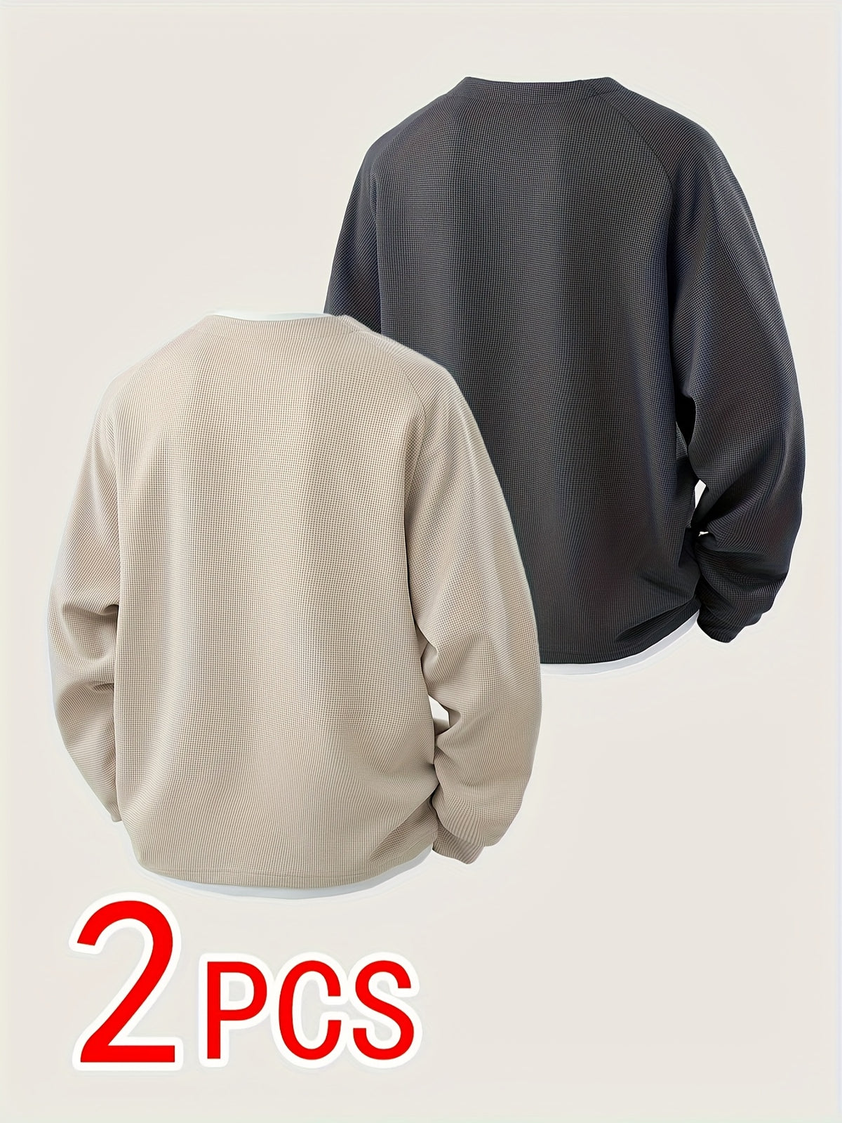 2pcs Men's Waffle Knit Sweatshirt, Stylish 2-in-1 Look Design, Men's Long Sleeve Base Layer, Men's Pullover Top, Men's Gift - Khaki+Grey