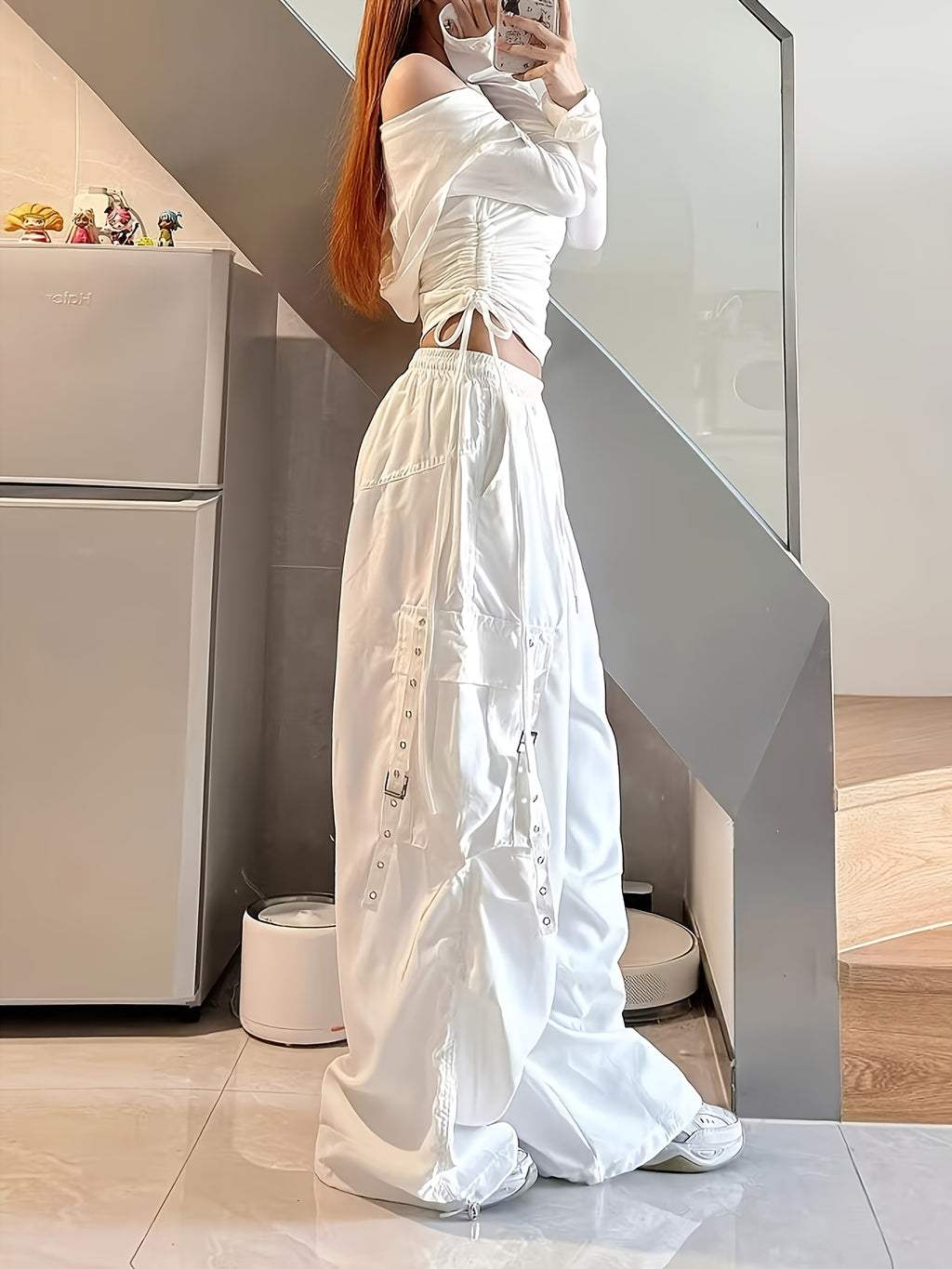 Men' & Women' Oversized Wide-Leg Workwear Pants - Loose Fit Floor-Length Hip-Hop Streetwear with Multi-Pocket Design, Drawstring Waist - Casual Outdoor, for - Wear - White