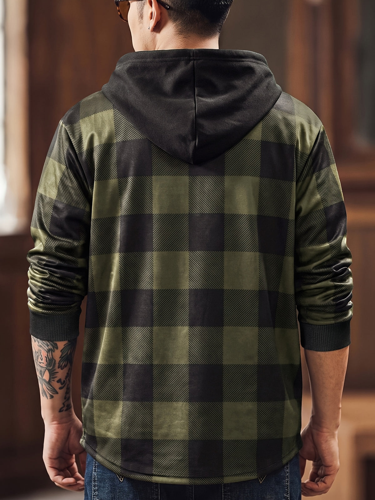 Men'S Jacket, Retro Plaid Shirt, Men'S Casual Shirt Fleece Jacket Single Button with Hat Long Sleeve Coat Men'S Top with Chest Pocket Elastic Cuff Ribbed Spring Autumn New Men'S Clothing - fern green