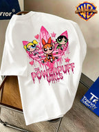 Warner Bros. Authentic Men's 100% Cotton Short-Sleeve T-Shirt, American Streetwear Brand Cartoon Print Top. Features a Complete and Full Cartoon Girl Group Design with a Sweet-cool Color-blocking Visual Effect. Eye-catching Visual Appeal - White