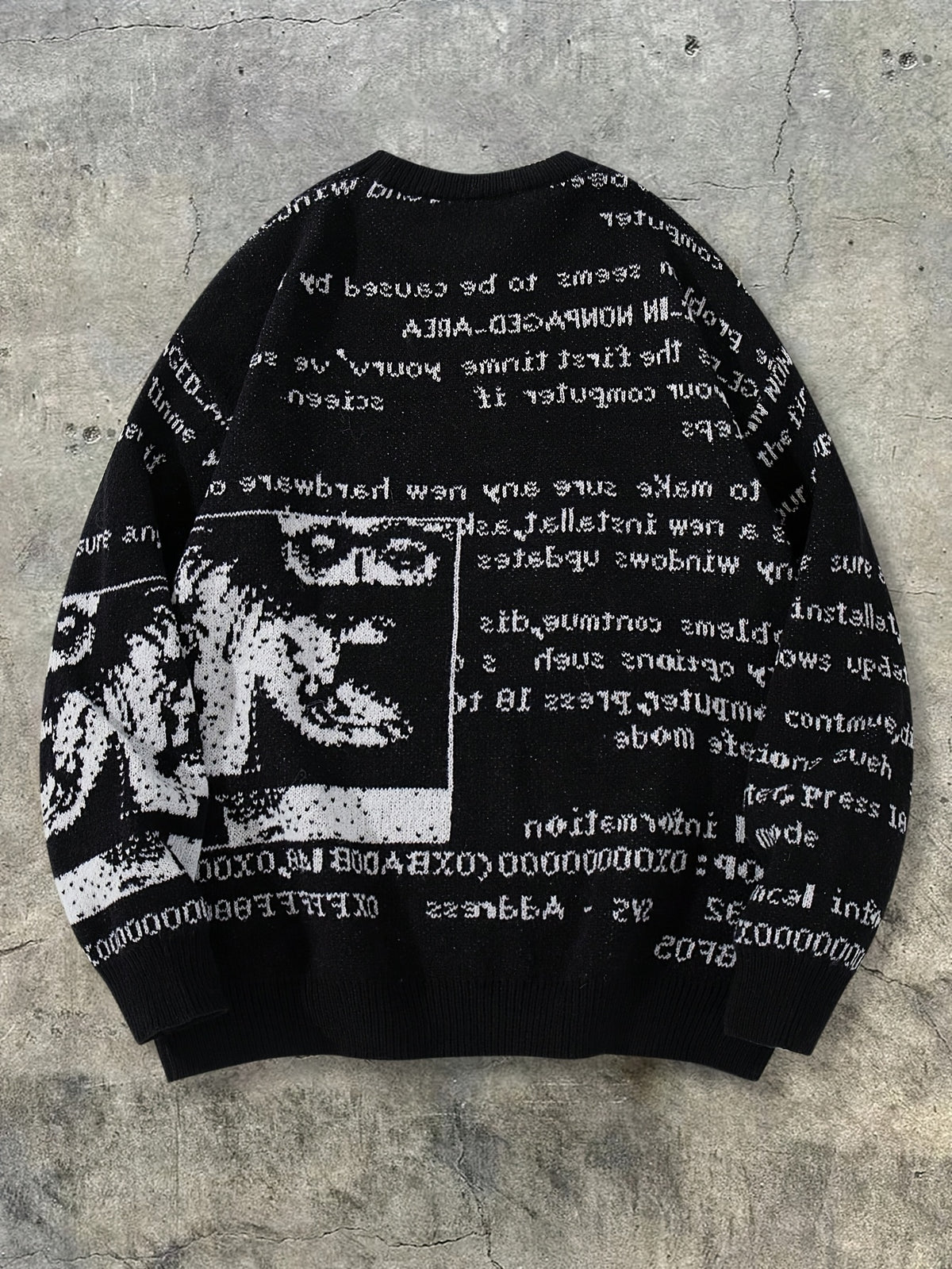Autumn/Winter New Arrival European, American, Japanese, and Korean Style Unisex Casual Vintage Abstract Letter Newspaper Pattern Jacquard Long Sleeve Fabric Crew Neck Pullover Knit Top for Men and Women - Black