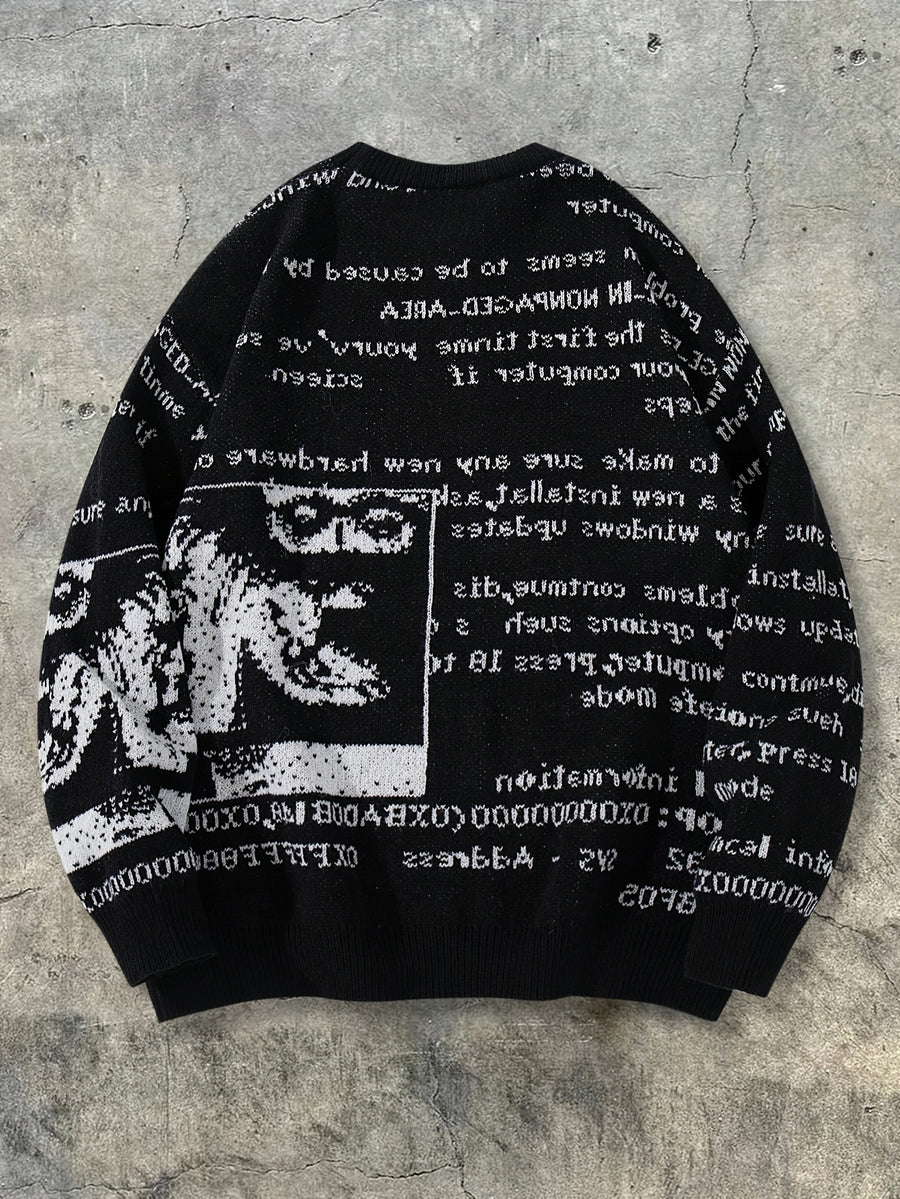 Autumn/Winter New Arrival European, American, Japanese, and Korean Style Unisex Casual Vintage Abstract Letter Newspaper Pattern Jacquard Long Sleeve Fabric Crew Neck Pullover Knit Top for Men and Women - Black