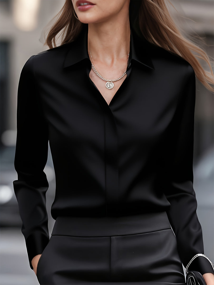 Classic Business Office Professional Shirt for Women, Elegant Figure-Enhancing Temperament Long Sleeve Top, Solid Color Non-Stretch Casual Women'S Shirt T-Shirt Top - Black